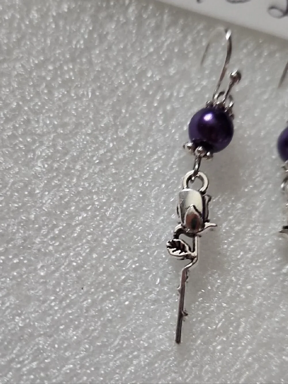 Hand Crafted Purple Pearl Rose Drop Earrings - Picture 3 of 4